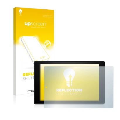 Front side of a product packaging with the brand logo upscreen. Next to it is the device Amazon Fire HD 10 2019 (9th Gen.) sho