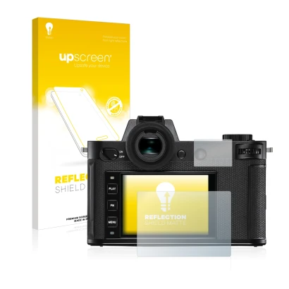 Front side of a product packaging with the brand logo upscreen. Next to it is the device Leica SL2 shown with the correspondin