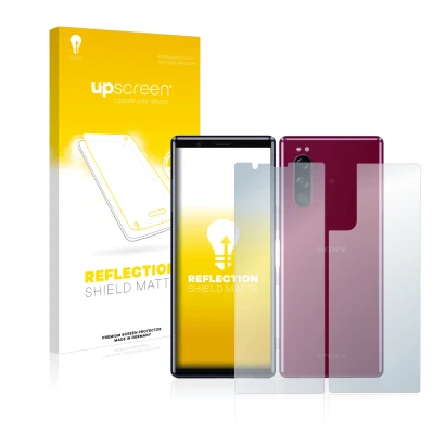 Front side of a product packaging with the brand logo upscreen. Next to it is the device Sony Xperia 5 (Front+Back) shown with