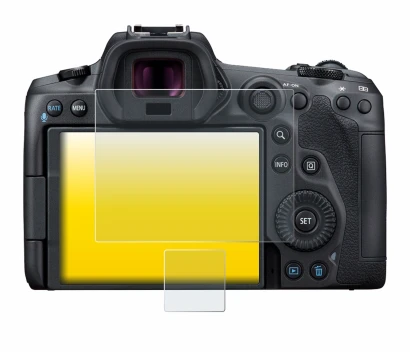 Image of the device Canon EOS R5 with a wide variety of screen protectors.