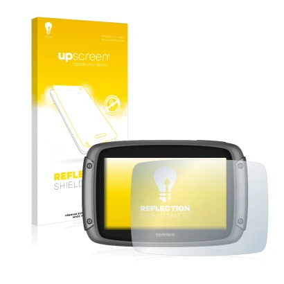 Front side of a product packaging with the brand logo upscreen. Next to it is the device TomTom Rider 50 shown with the corres