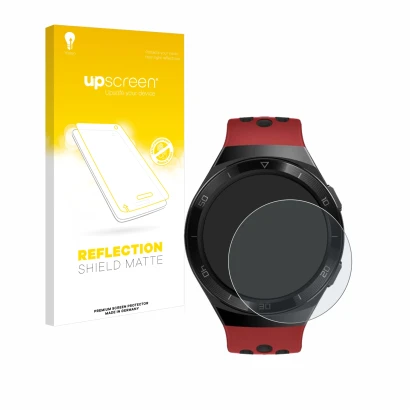 Front side of a product packaging with the brand logo upscreen. Next to it is the device Huawei Watch GT 2e shown with the cor