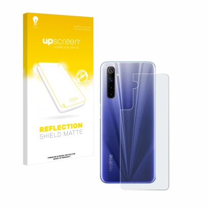 Front side of a product packaging with the brand logo upscreen. Next to it is the device realme 6 (Back) shown with the corres