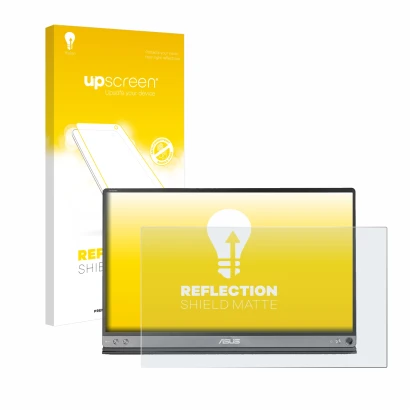 Front side of a product packaging with the brand logo upscreen. Next to it is the device ASUS ZenScreen MB16AC shown with the 