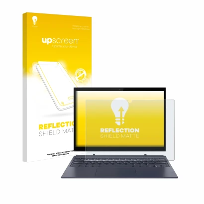 Front side of a product packaging with the brand logo upscreen. Next to it is the device Lenovo Yoga Duet 7 shown with the cor