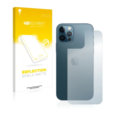 Front side of a product packaging with the brand logo upscreen. Next to it is the device Apple iPhone 12 Pro (Back) shown with