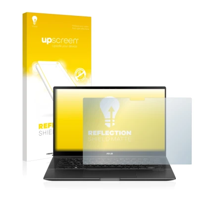 Front side of a product packaging with the brand logo upscreen. Next to it is the device ASUS ZenBook Flip 14 UX463FA shown wi