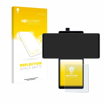 Front side of a product packaging with the brand logo upscreen. Next to it is the device LG Wing (Back display) shown with the