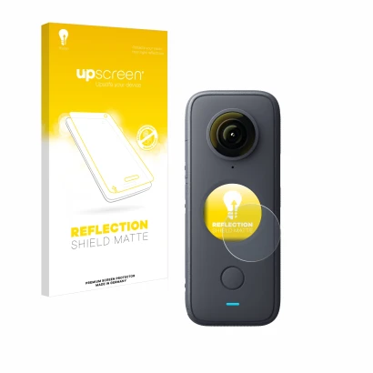 Front side of a product packaging with the brand logo upscreen. Next to it is the device Insta360 One X2 shown with the corres