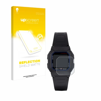 Front side of a product packaging with the brand logo upscreen. Next to it is the device Casio W-800H-1AVES shown with the cor