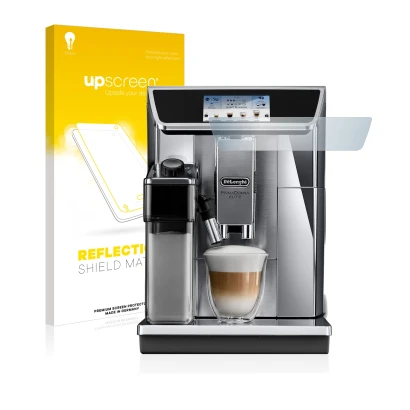 Front side of a product packaging with the brand logo upscreen. Next to it is the device DeLonghi PrimaDonna Elite Experience 