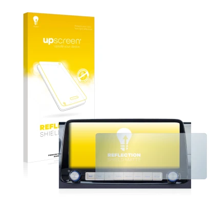 Front side of a product packaging with the brand logo upscreen. Next to it is the device Hyundai Kona 2020 Infotainment System