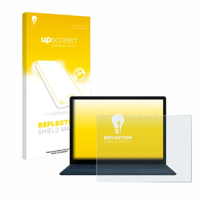 Front side of a product packaging with the brand logo upscreen. Next to it is the device Microsoft Surface Laptop 4 13.5" show