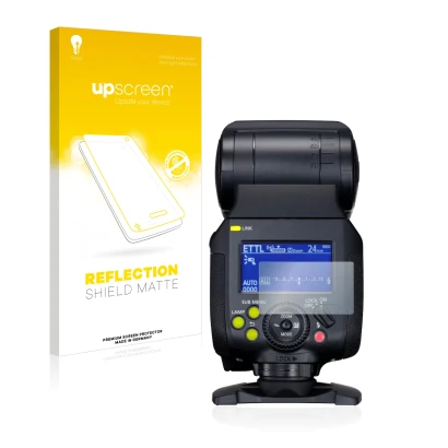Front side of a product packaging with the brand logo upscreen. Next to it is the device Canon Speedlite EL-1 shown with the c