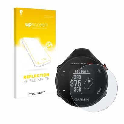 Front side of a product packaging with the brand logo upscreen. Next to it is the device Garmin Approach G12 shown with the co