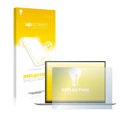 Front side of a product packaging with the brand logo upscreen. Next to it is the device Huawei MateBook X Pro 2021 shown with