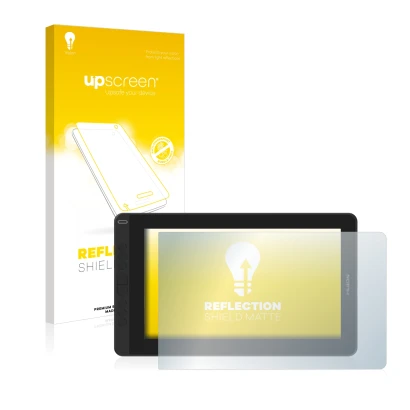 Front side of a product packaging with the brand logo upscreen. Next to it is the device Huion Kamvas 13 shown with the corres