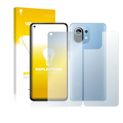 Front side of a product packaging with the brand logo upscreen. Next to it is the device Xiaomi Mi 11 Lite 5G (Front+Back) sho