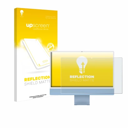 Front side of a product packaging with the brand logo upscreen. Next to it is the device Apple iMac 24" M1 2021 shown with the
