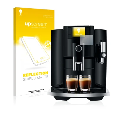 Front side of a product packaging with the brand logo upscreen. Next to it is the device Jura E8 (EB) shown with the correspon