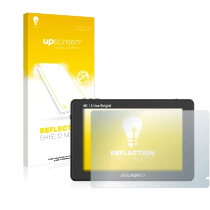 Front side of a product packaging with the brand logo upscreen. Next to it is the device Feelworld LUT7 7" shown with the corr