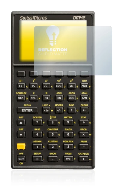 Image of the device SwissMicros DM42 with a wide variety of screen protectors.