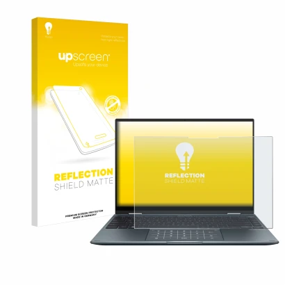 Front side of a product packaging with the brand logo upscreen. Next to it is the device ASUS ZenBook 14 Flip OLED shown with