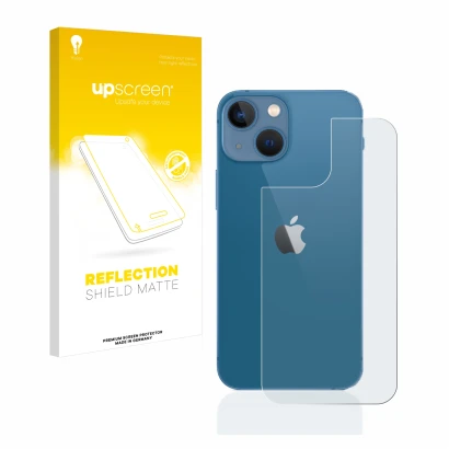 Front side of a product packaging with the brand logo upscreen. Next to it is the device Apple iPhone 13 mini (Back) shown wit
