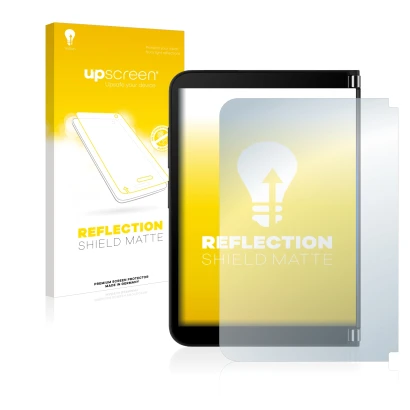 Front side of a product packaging with the brand logo upscreen. Next to it is the device Microsoft Surface Duo 2 (Outer displa