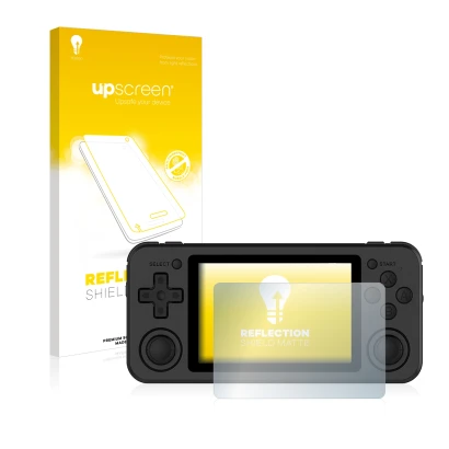 Front side of a product packaging with the brand logo upscreen. Next to it is the device Anbernic RG351P shown with the corres