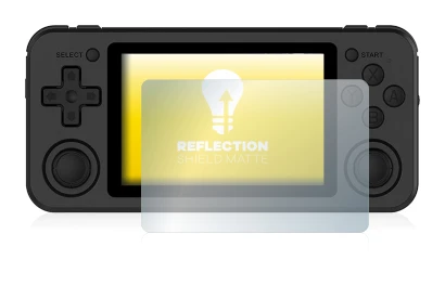 Image of the device Anbernic RG351P with a wide variety of screen protectors.