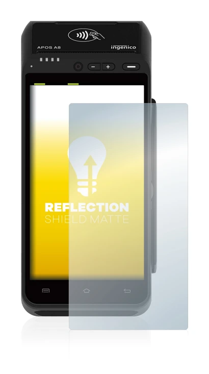 Image of the device ingenico Apos A8 with a wide variety of screen protectors.