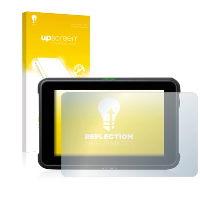 Front side of a product packaging with the brand logo upscreen. Next to it is the device Atomos Shinobi 7 shown with the corre