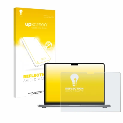 Front side of a product packaging with the brand logo upscreen. Next to it is the device Apple MacBook Pro 14