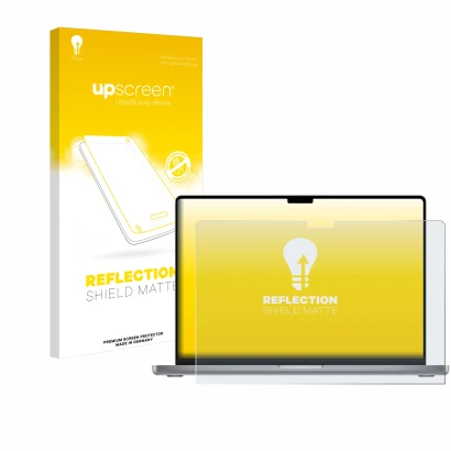 Front side of a product packaging with the brand logo upscreen. Next to it is the device Apple MacBook Pro 16