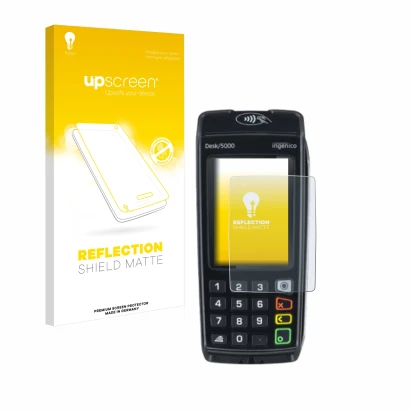 Front side of a product packaging with the brand logo upscreen. Next to it is the device ingenico Desk/5000 shown with the cor