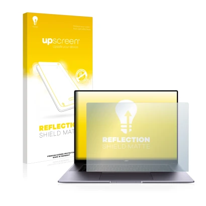 Front side of a product packaging with the brand logo upscreen. Next to it is the device Huawei MateBook 16 shown with the cor