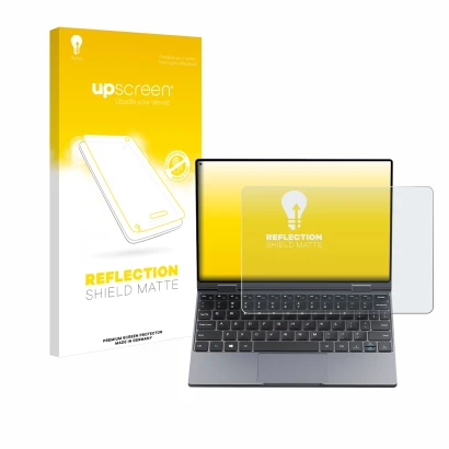 Front side of a product packaging with the brand logo upscreen. Next to it is the device Chuwi MiniBook X shown with the corre