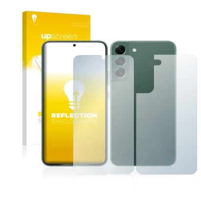 Front side of a product packaging with the brand logo upscreen. Next to it is the device Samsung Galaxy S22 Plus 5G (Front+Bac