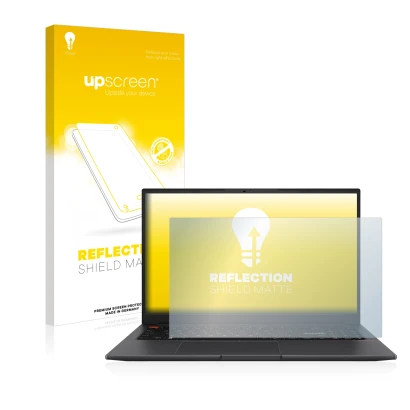 Front side of a product packaging with the brand logo upscreen. Next to it is the device ASUS VivoBook S 15 OLED shown with th