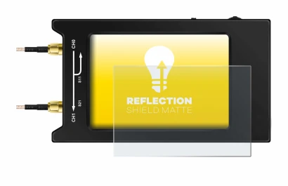 Image of the device NanoVNA H4 with a wide variety of screen protectors.