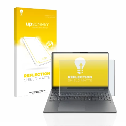 Front side of a product packaging with the brand logo upscreen. Next to it is the device Lenovo Yoga 7i Gen 7 16" shown with t