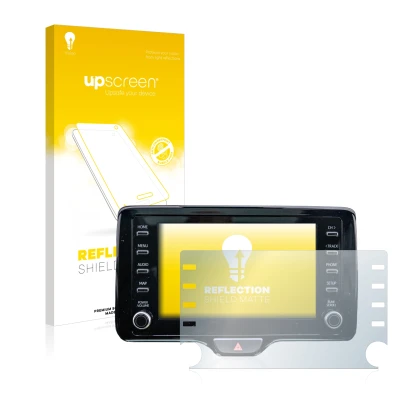 Front side of a product packaging with the brand logo upscreen. Next to it is the device Toyota Yaris Cross 8" shown with the