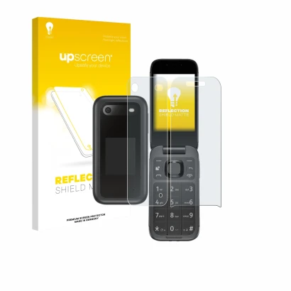 Front side of a product packaging with the brand logo upscreen. Next to it is the device Nokia 2660 Flip (Front+Back) shown wi