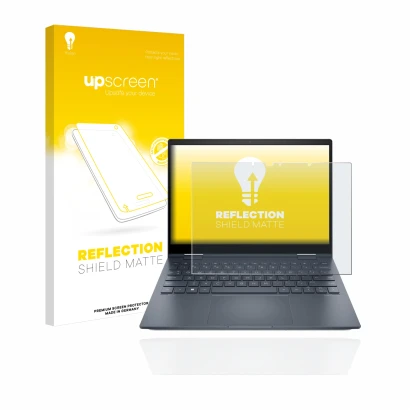 Front side of a product packaging with the brand logo upscreen. Next to it is the device HP Envy x360 13-bfxxx shown with the