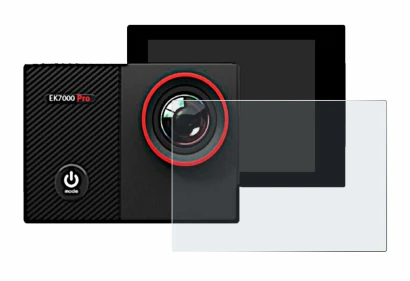 Image of the device Akaso EK7000 Pro with a wide variety of screen protectors.