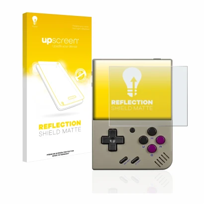 Front side of a product packaging with the brand logo upscreen. Next to it is the device Miyoo Mini Plus shown with the corres