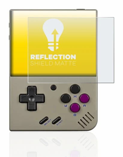 Image of the device Miyoo Mini Plus with a wide variety of screen protectors.