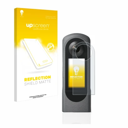 Front side of a product packaging with the brand logo upscreen. Next to it is the device Ricoh Theta X shown with the correspo