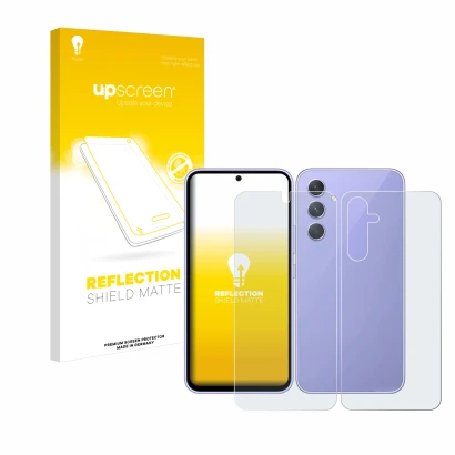 Front side of a product packaging with the brand logo upscreen. Next to it is the device Samsung Galaxy A54 5G (Front+Back) sh